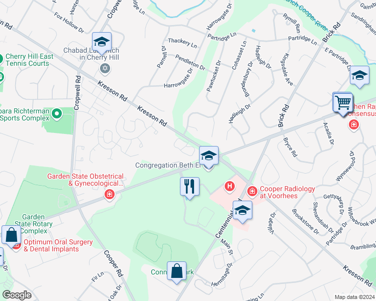 map of restaurants, bars, coffee shops, grocery stores, and more near 608 The Woods in Cherry Hill