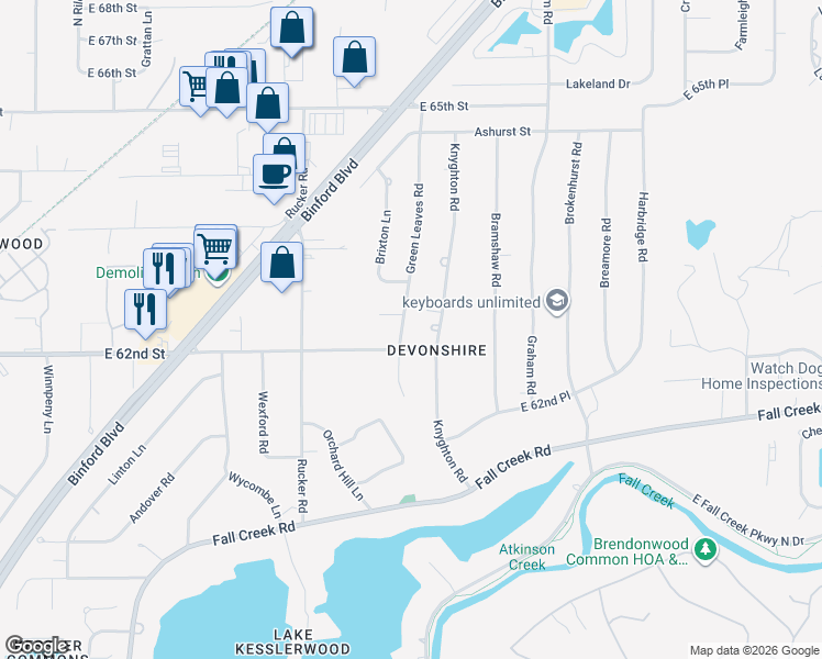map of restaurants, bars, coffee shops, grocery stores, and more near 6240 Knyghton Road in Indianapolis