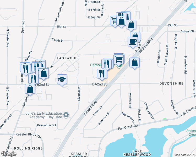 map of restaurants, bars, coffee shops, grocery stores, and more near 4901 Whitton Place in Indianapolis