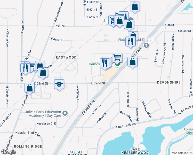 map of restaurants, bars, coffee shops, grocery stores, and more near 4901 Whitton Place in Indianapolis