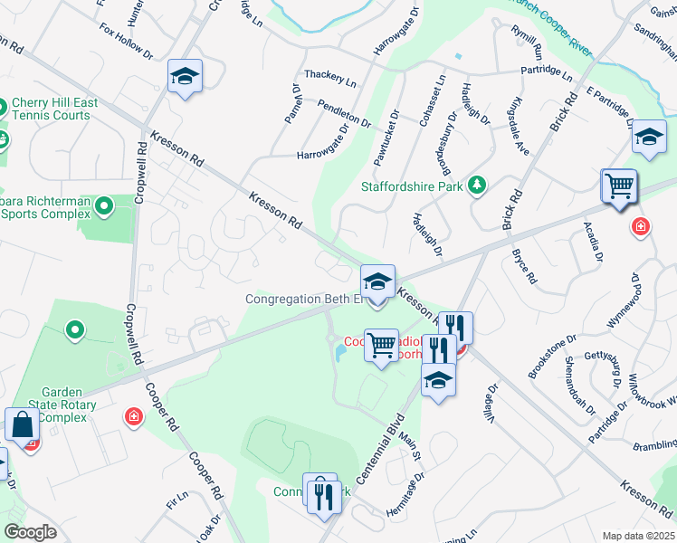 map of restaurants, bars, coffee shops, grocery stores, and more near 202 The Woods in Cherry Hill
