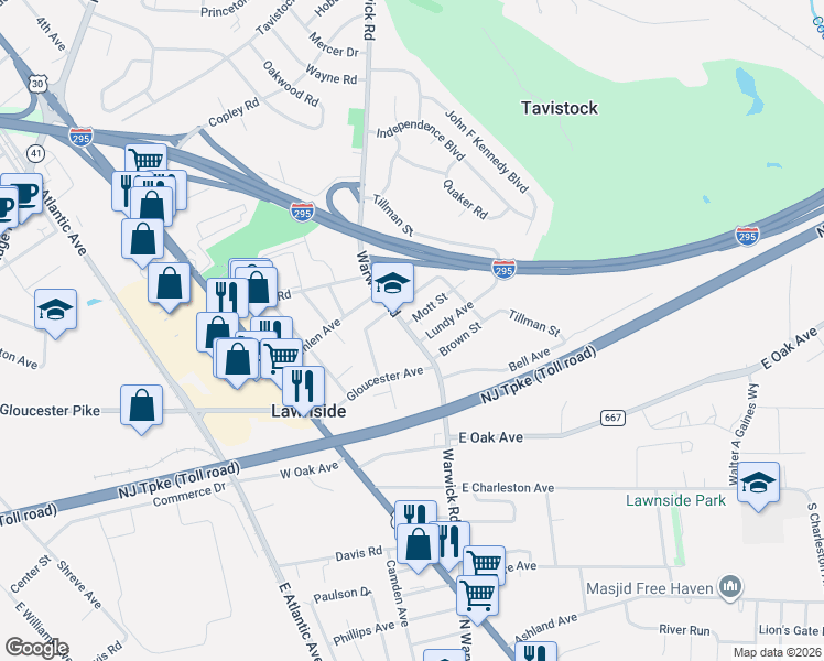 map of restaurants, bars, coffee shops, grocery stores, and more near 149 Warwick Road in Lawnside