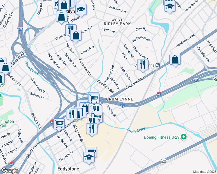 map of restaurants, bars, coffee shops, grocery stores, and more near 220 Fairview Road in Crum Lynne