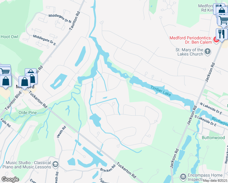 map of restaurants, bars, coffee shops, grocery stores, and more near 12 Pin Oak Trail in Medford