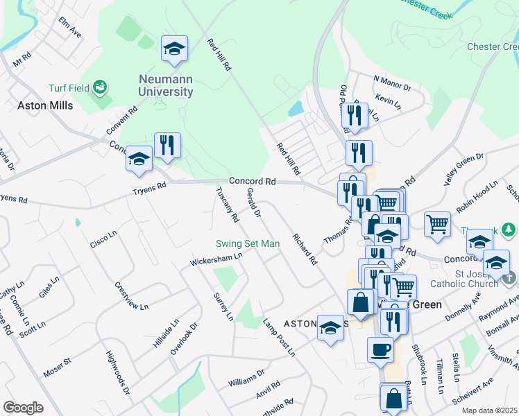 map of restaurants, bars, coffee shops, grocery stores, and more near 101 Gerald Drive in Aston