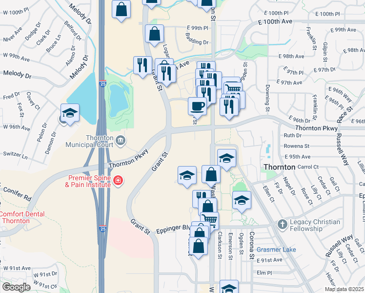 map of restaurants, bars, coffee shops, grocery stores, and more near 648-698 Thornton Pkwy in Thornton