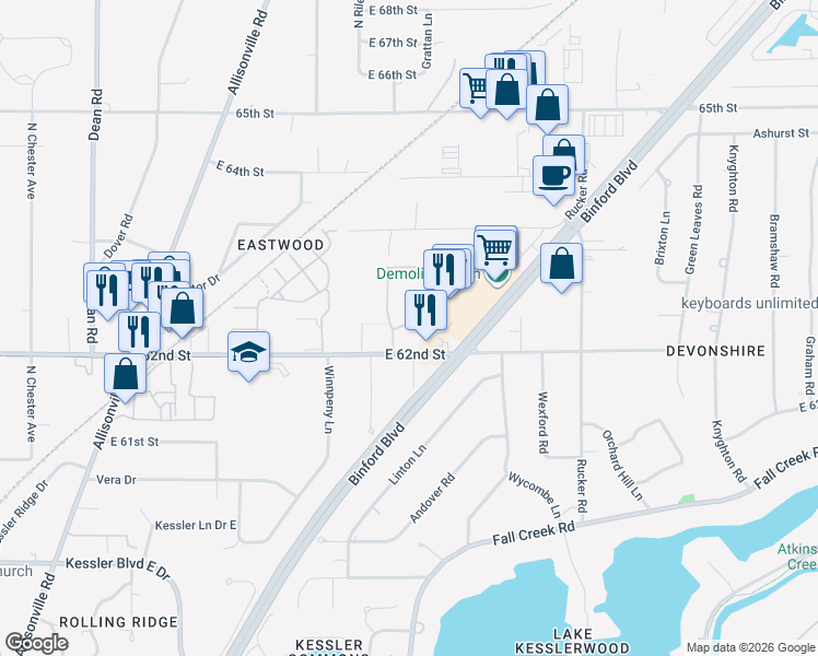 map of restaurants, bars, coffee shops, grocery stores, and more near 4850 East 62nd Street in Indianapolis