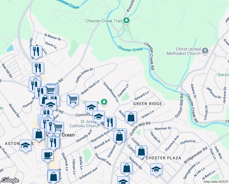 map of restaurants, bars, coffee shops, grocery stores, and more near 400 Virginia Lane in Aston