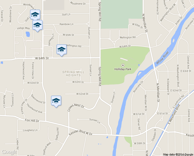map of restaurants, bars, coffee shops, grocery stores, and more near 6320 Spring Mill Road in Indianapolis
