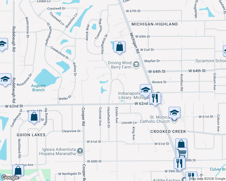 map of restaurants, bars, coffee shops, grocery stores, and more near 6267 Hazelhatch Drive in Indianapolis
