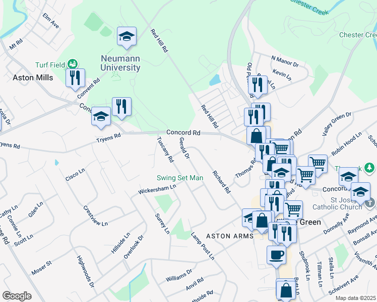 map of restaurants, bars, coffee shops, grocery stores, and more near 101 Gerald Drive in Aston