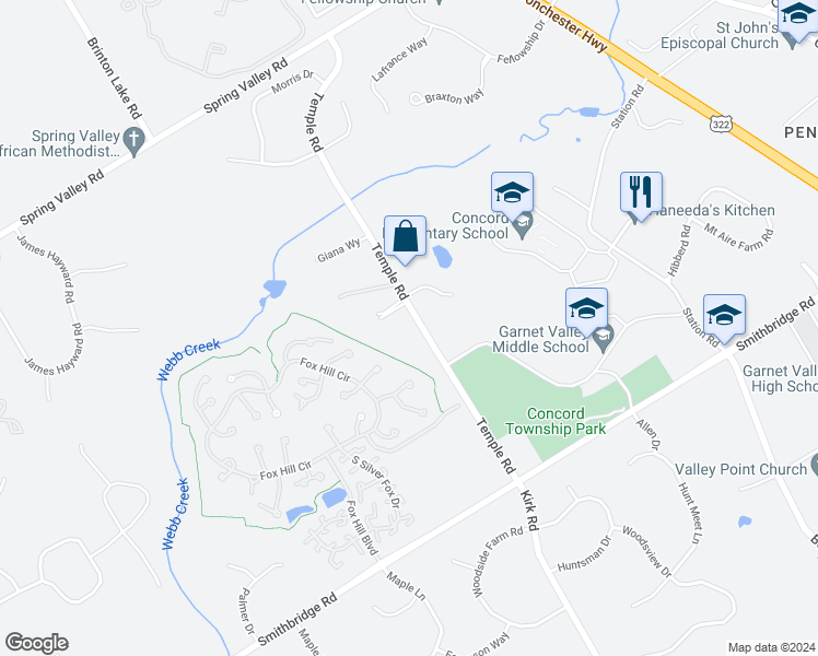 map of restaurants, bars, coffee shops, grocery stores, and more near 74 Temple Road in Glen Mills