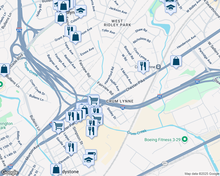 map of restaurants, bars, coffee shops, grocery stores, and more near 1200a Holland Street in Crum Lynne