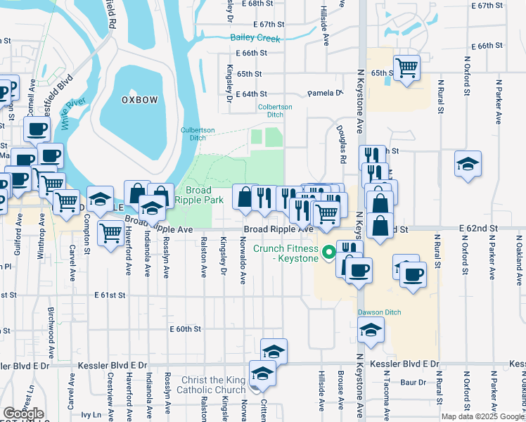 map of restaurants, bars, coffee shops, grocery stores, and more near 6240 Crittenden Avenue in Indianapolis