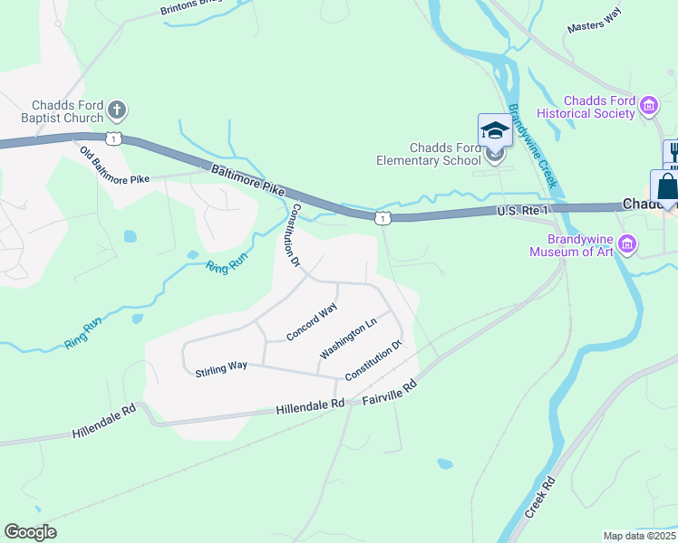 map of restaurants, bars, coffee shops, grocery stores, and more near 14 Constitution Drive in Chadds Ford