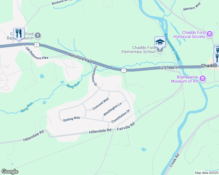 map of restaurants, bars, coffee shops, grocery stores, and more near 14 Constitution Drive in Chadds Ford