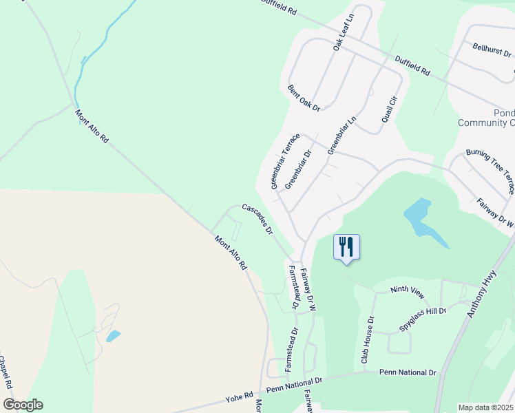map of restaurants, bars, coffee shops, grocery stores, and more near 3614 Cascades Drive in Fayetteville