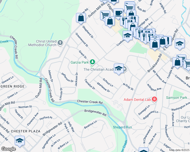 map of restaurants, bars, coffee shops, grocery stores, and more near 413 Sir Galahad Drive in Brookhaven