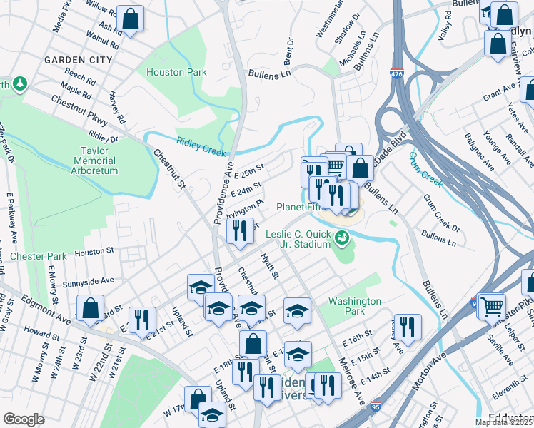 map of restaurants, bars, coffee shops, grocery stores, and more near 702 East 23rd Street in Chester