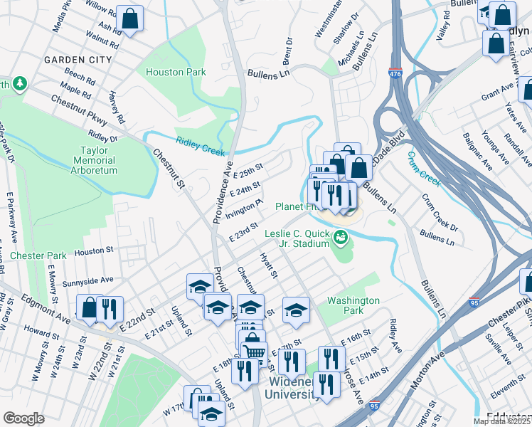 map of restaurants, bars, coffee shops, grocery stores, and more near 702 East 23rd Street in Chester