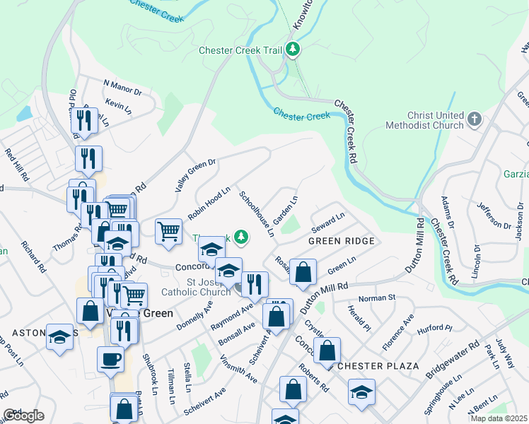 map of restaurants, bars, coffee shops, grocery stores, and more near 400 Virginia Lane in Aston