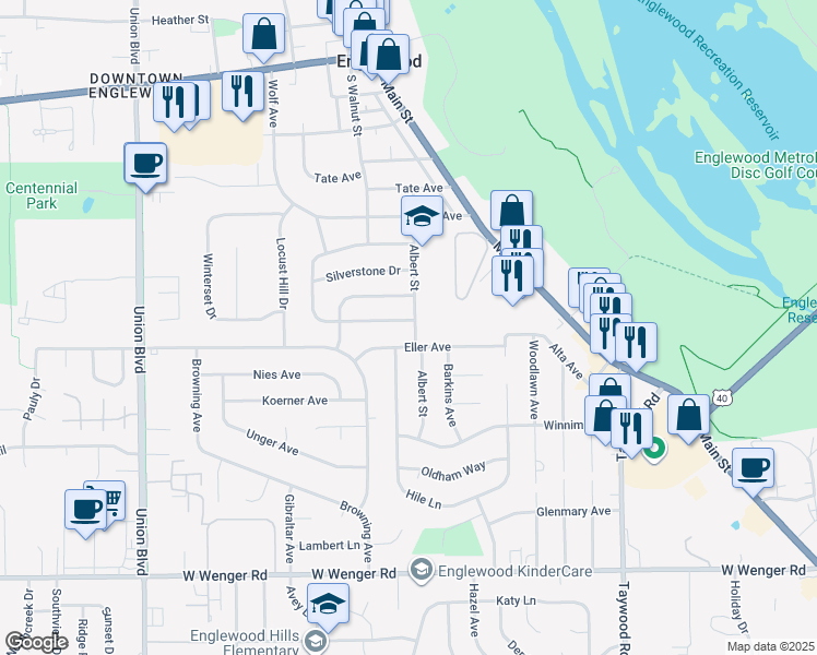 map of restaurants, bars, coffee shops, grocery stores, and more near 414 Brownstone Drive in Englewood