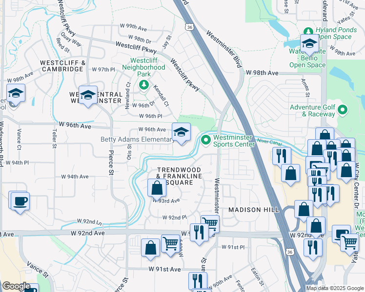 map of restaurants, bars, coffee shops, grocery stores, and more near 6450 West 95th Place in Westminster