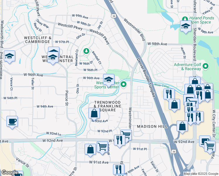 map of restaurants, bars, coffee shops, grocery stores, and more near 6450 West 95th Place in Westminster