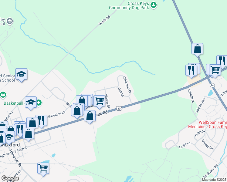 map of restaurants, bars, coffee shops, grocery stores, and more near 77 Oak Drive in New Oxford