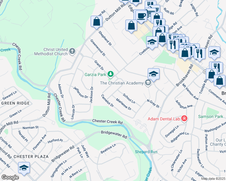map of restaurants, bars, coffee shops, grocery stores, and more near 413 Sir Galahad Drive in Brookhaven