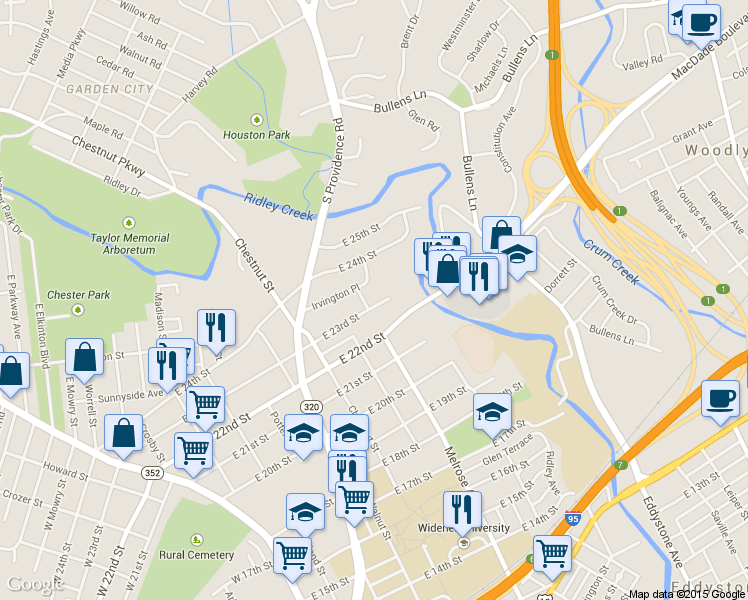map of restaurants, bars, coffee shops, grocery stores, and more near 704 East 23rd Street in Chester