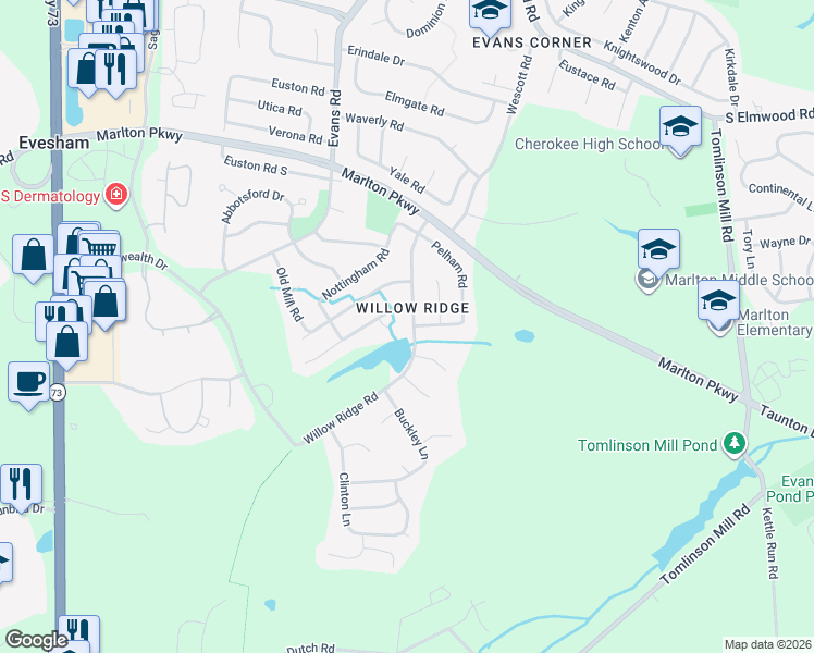 map of restaurants, bars, coffee shops, grocery stores, and more near in Evesham