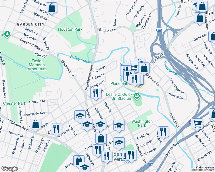 map of restaurants, bars, coffee shops, grocery stores, and more near 704 East 23rd Street in Chester