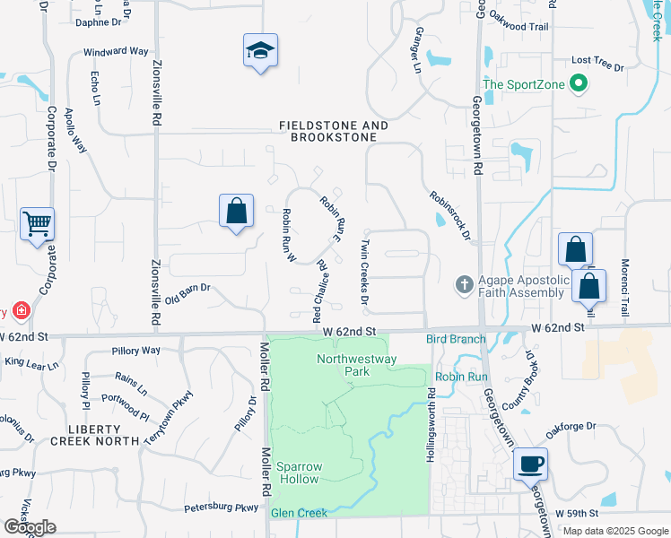 map of restaurants, bars, coffee shops, grocery stores, and more near 6322 Brush Run in Indianapolis