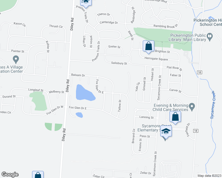 map of restaurants, bars, coffee shops, grocery stores, and more near 199 Balsam Drive in Pickerington