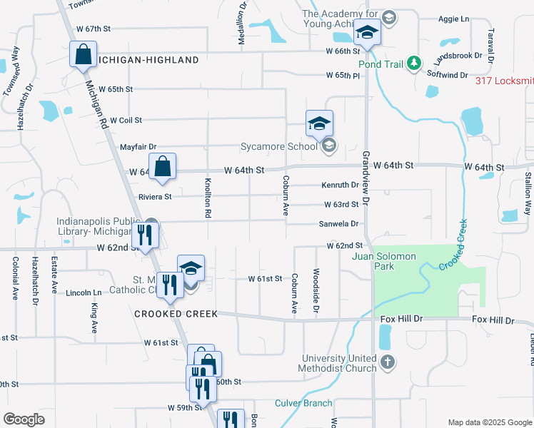 map of restaurants, bars, coffee shops, grocery stores, and more near 1932 West 63rd Street in Indianapolis
