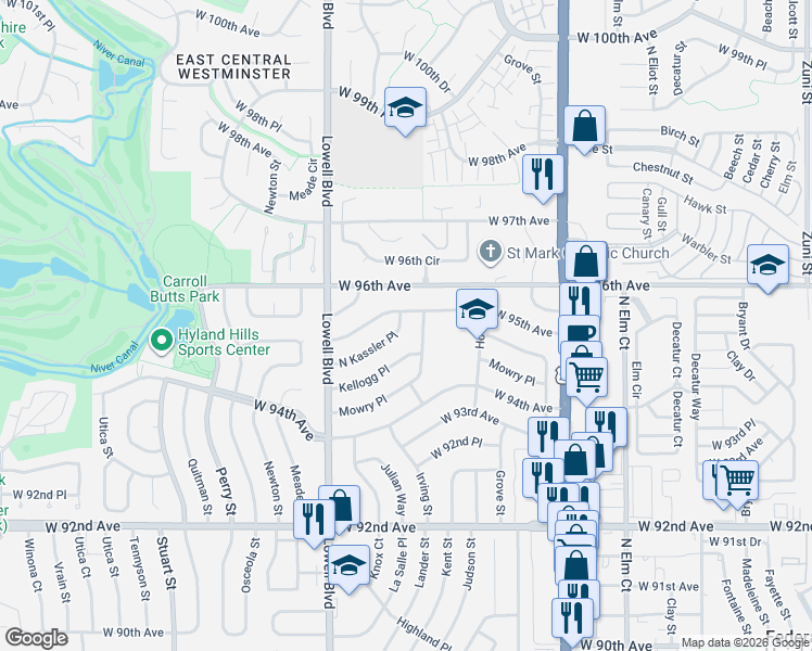 map of restaurants, bars, coffee shops, grocery stores, and more near 3440 West 95th Avenue in Westminster