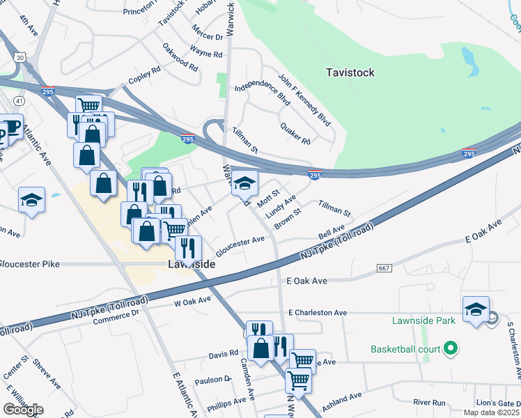 map of restaurants, bars, coffee shops, grocery stores, and more near 149 Warwick Road in Lawnside