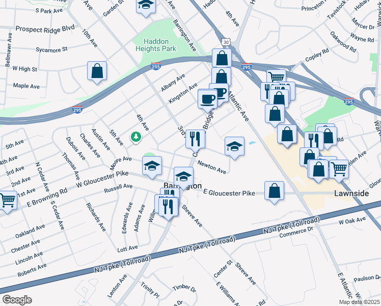 map of restaurants, bars, coffee shops, grocery stores, and more near 1 3rd Avenue in Barrington