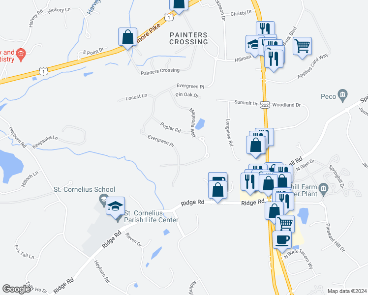 map of restaurants, bars, coffee shops, grocery stores, and more near 32 Evergreen Place in Chadds Ford