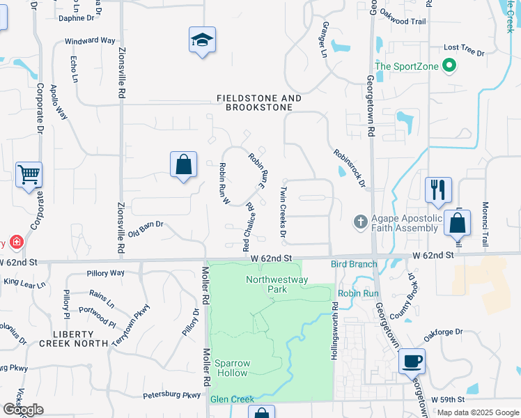 map of restaurants, bars, coffee shops, grocery stores, and more near 6322 Brush Run in Indianapolis