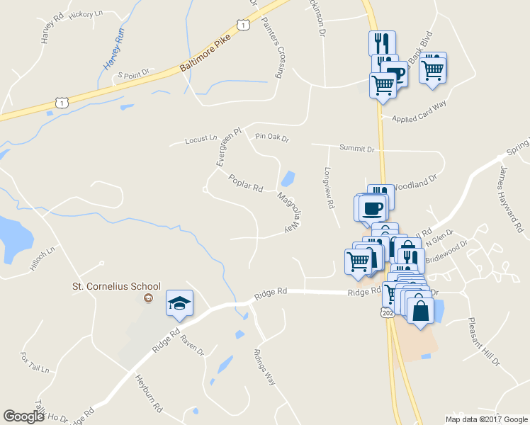 map of restaurants, bars, coffee shops, grocery stores, and more near 32 Evergreen Place in Chadds Ford