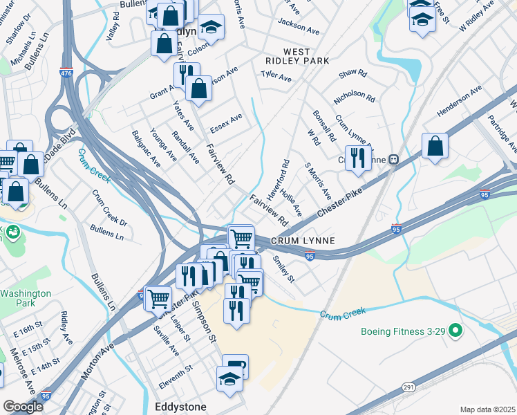 map of restaurants, bars, coffee shops, grocery stores, and more near 231 Fairview Road in Woodlyn