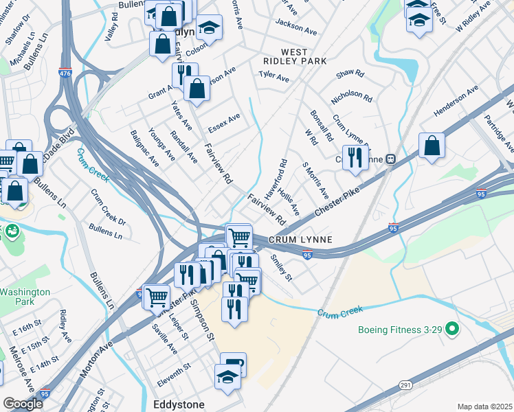 map of restaurants, bars, coffee shops, grocery stores, and more near 231 Fairview Road in Woodlyn