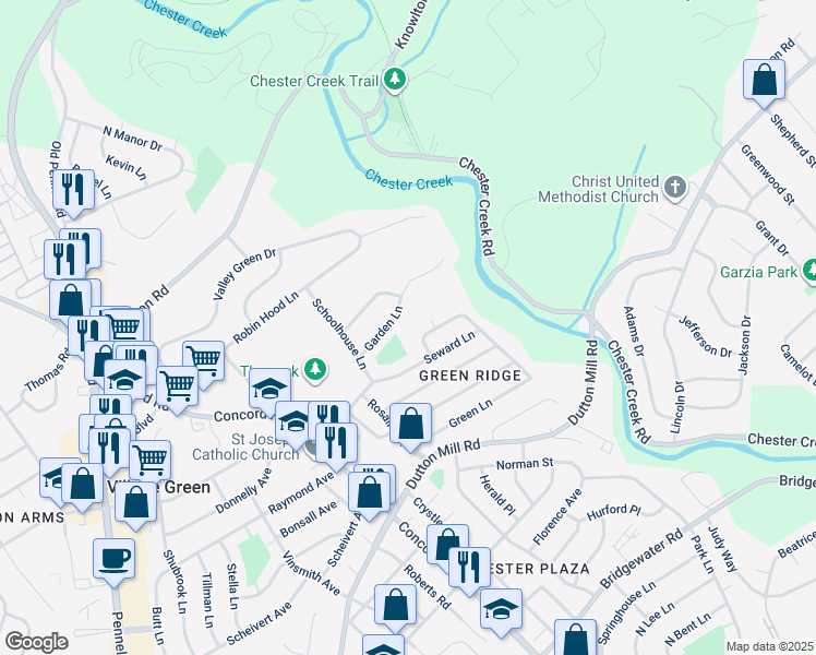 map of restaurants, bars, coffee shops, grocery stores, and more near 118 Mildred Lane in Aston