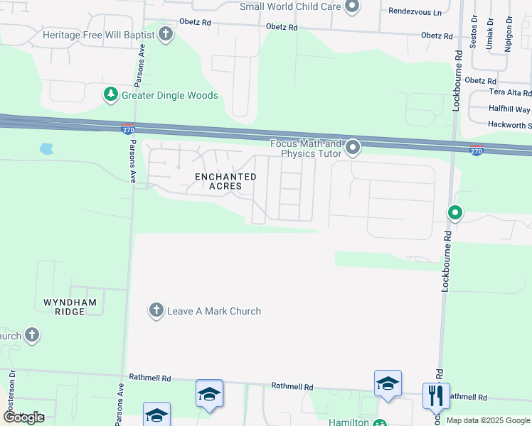map of restaurants, bars, coffee shops, grocery stores, and more near 4499 Nevada Drive East in Columbus