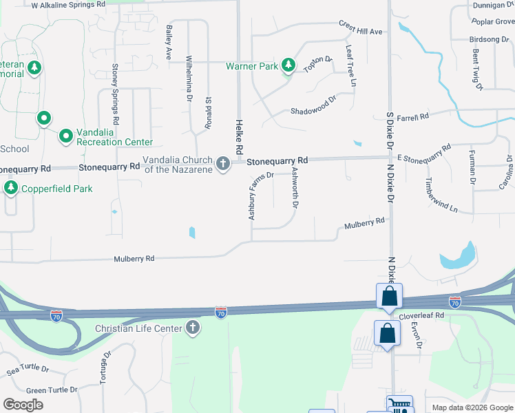 map of restaurants, bars, coffee shops, grocery stores, and more near 1619 Ashley Place in Vandalia