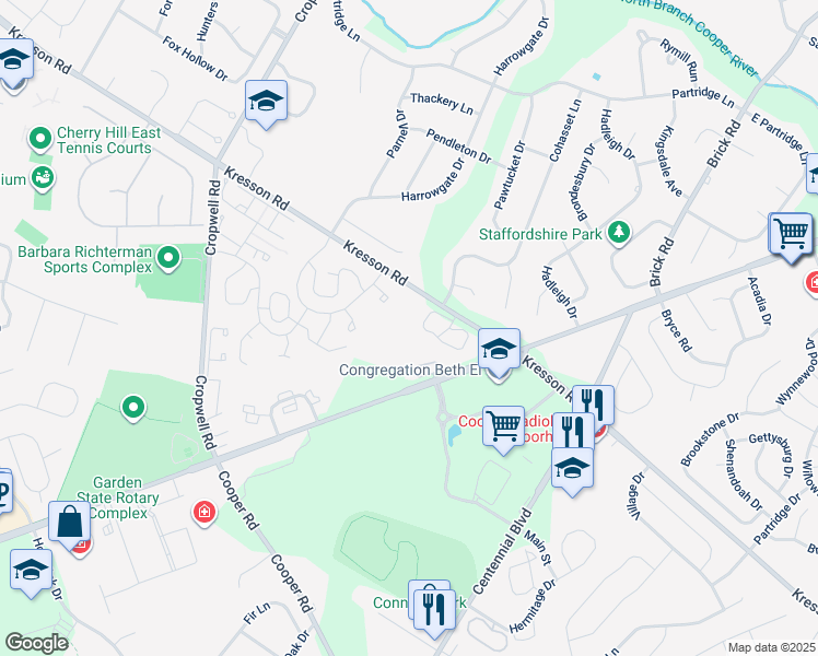 map of restaurants, bars, coffee shops, grocery stores, and more near 306 The Woods in Cherry Hill