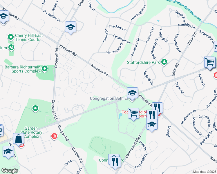map of restaurants, bars, coffee shops, grocery stores, and more near 306 The Woods in Cherry Hill