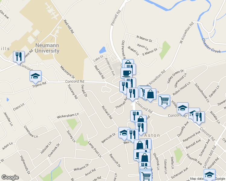 map of restaurants, bars, coffee shops, grocery stores, and more near 14 Colonial Circle in Aston